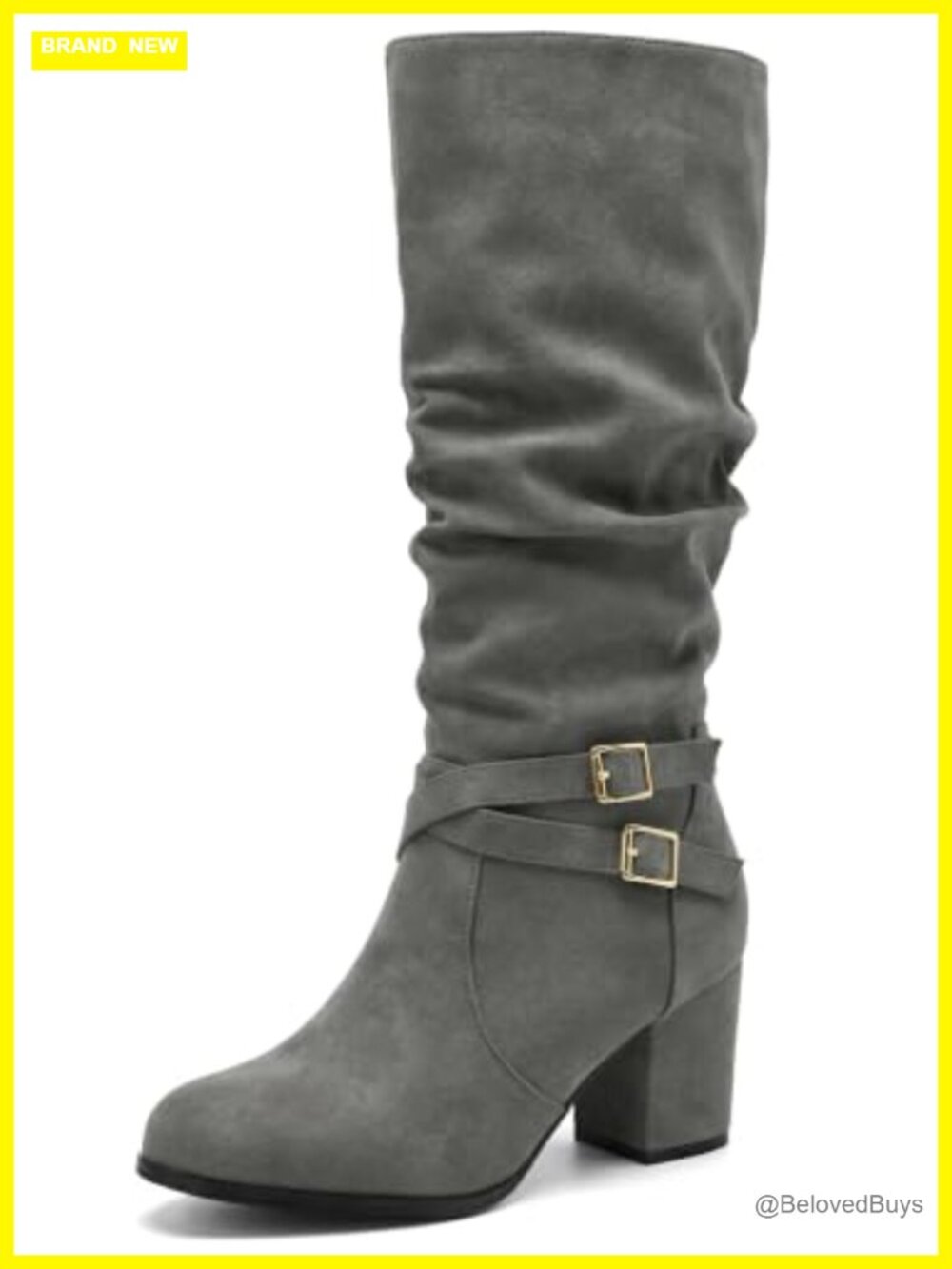 Faux Leather Slouch Buckle Biker Knee High Boots Chunky Heel